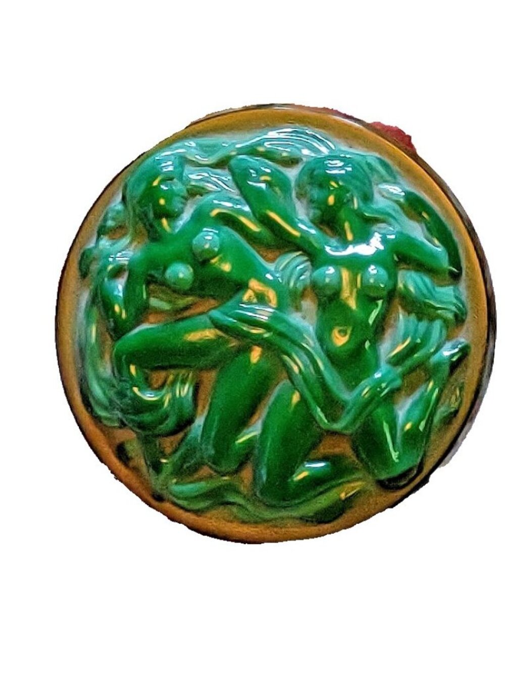 Vintage Czech Malachite Glass Powder Box Art Deco Nude Nymphs Trinket Dish Ingri